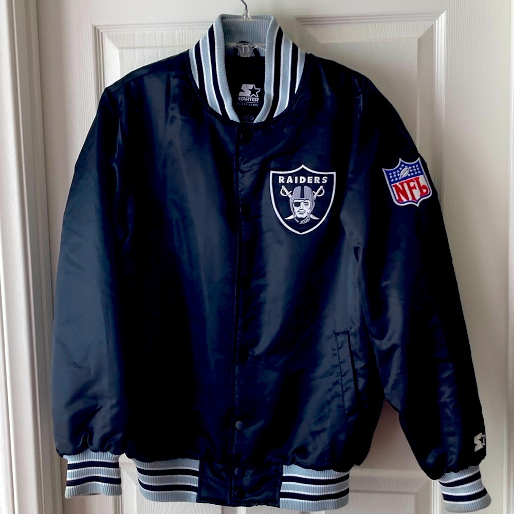 STARTER Raiders NFL Bomber Jacket Black Label Size M Men’s Black Silver White